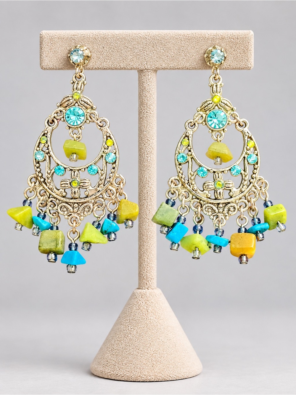 Boho Chandelier Drop Earrings Turquoise Yellow Stone Bead Rhinestone Post